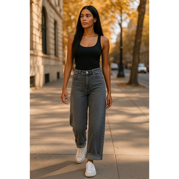 Halara Gray Wide Leg Jeans Size M Tall High Rise Stretch Denim Cuffed Hem - Picture 1 of 14